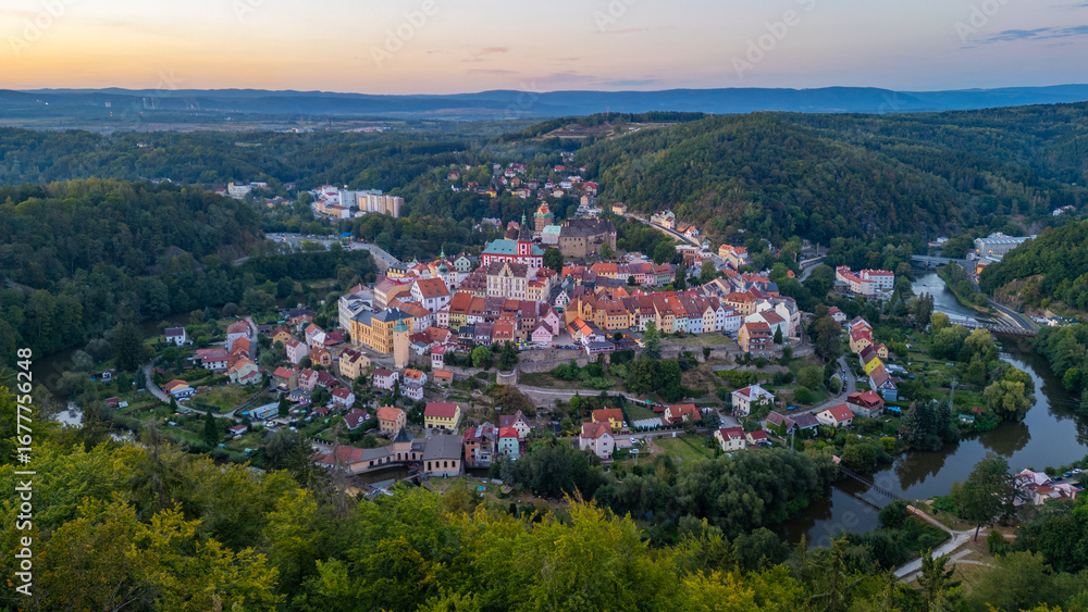 Fototapeta premium Sunset view of old town of Loket, Czech republic