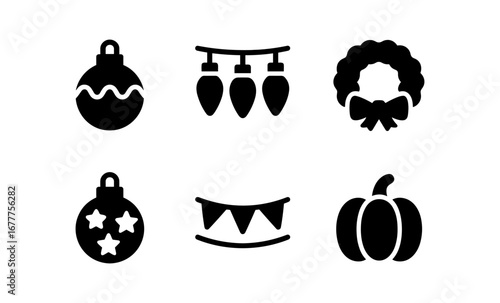 Festive holiday icons: christmas ornaments, lights, wreaths, and more