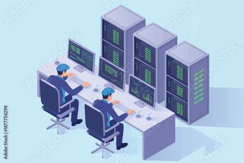 Data center operations technicians monitor server racks and computer screens in isometric view for it services and network management transparent background