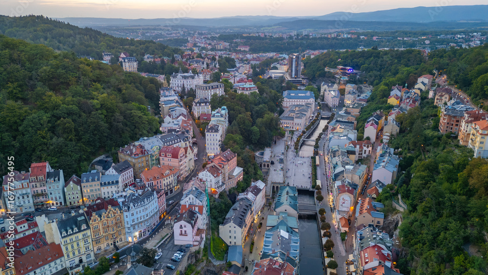 Obraz premium Sunset panorama view of Tepla river and Thermal hotel in karlovy