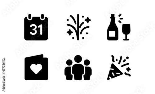 Minimalist celebration icons set: calendar, fireworks, bottle, heart card, group, party popper