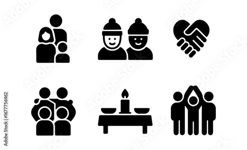 Silhouette family icons depicting togetherness and celebration in black
