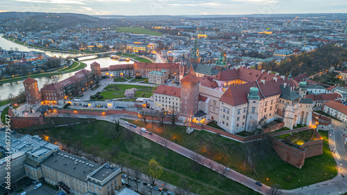 Sunset aerial view of the Wawel castle in the polish city Krakow