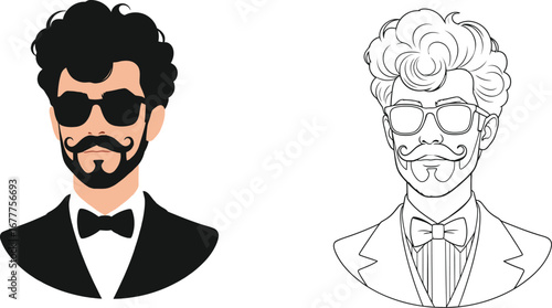 Man with mustache glasses and bow tie vector art design