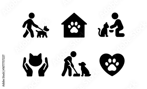 Pet care and adoption icons: silhouettes of people caring for dogs and cats