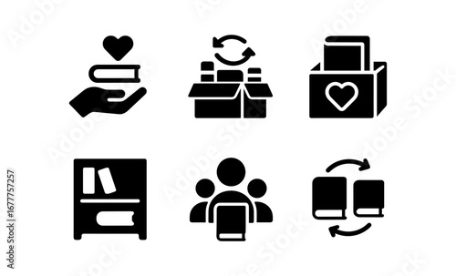 Book sharing and community icons set in solid style