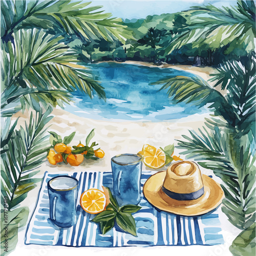 watercolor of Beach Towel Flat Design, vector, isolated on a white background.