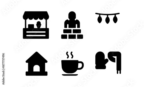 Minimalist silhouette icons featuring market stall, bricklayer, festival lights, house, coffee, mittens