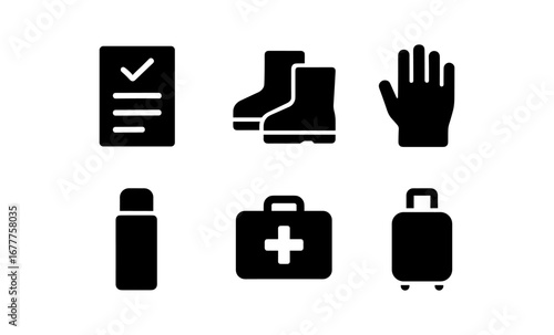 Safety equipment icons collection: boots, gloves, first aid, more