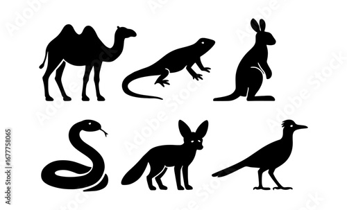 Silhouette set of australian and desert animals in black