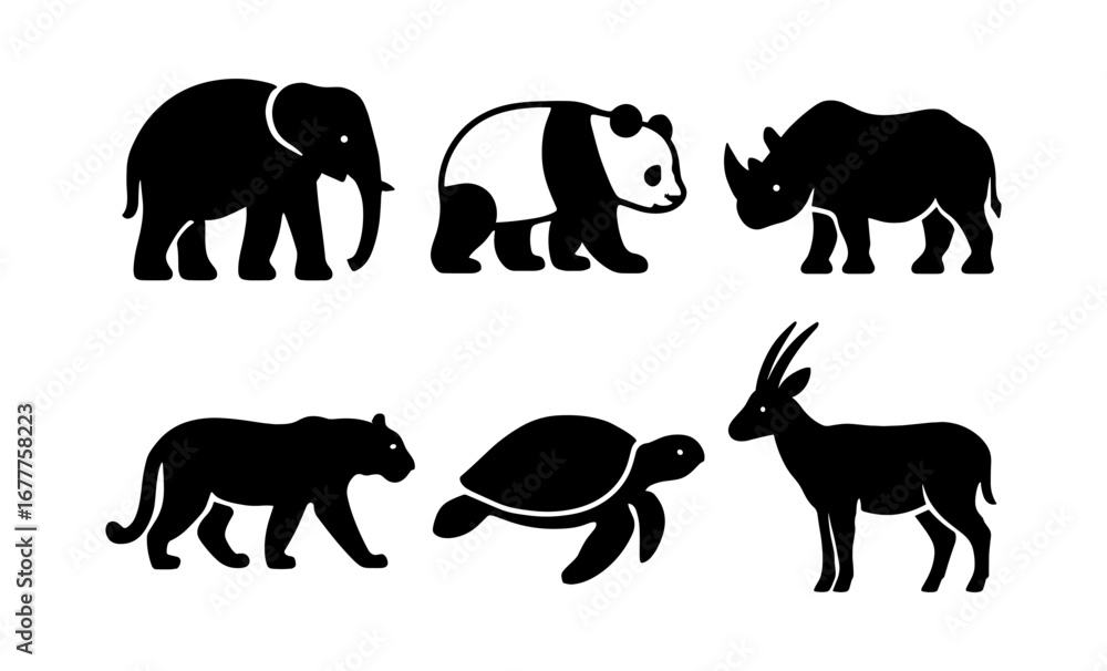 Naklejka premium Silhouette icons of wild animals: elephant, panda, rhino, panther, turtle, antelope