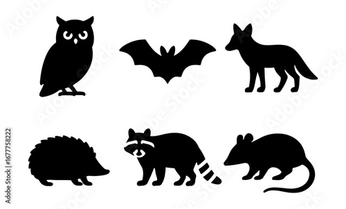Silhouette wildlife icons: owl, bat, fox, hedgehog, raccoon, mouse
