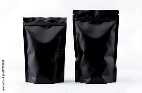 Blank craft plastic pouch, packages big and small on white background, mylar bags isolated for coffee or food, cosmetic products, snack, candy. Different sizes, mock up. white background. 
