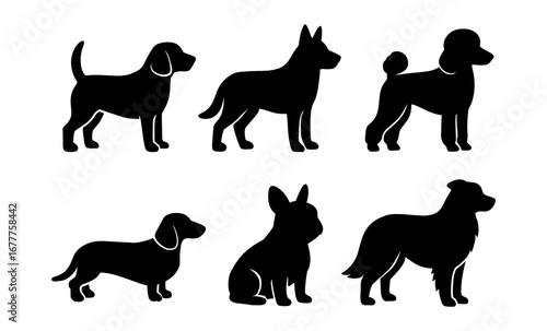 Silhouettes of diverse dog breeds in classic poses