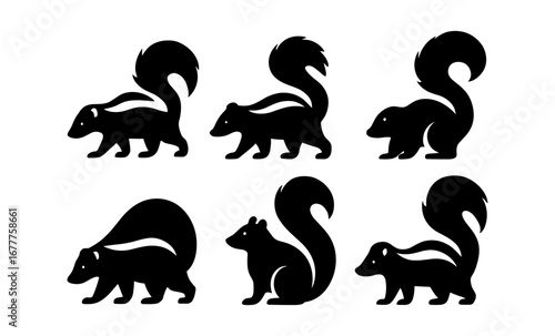 Silhouette skunk set: bold black icons of stinky mammals in various poses