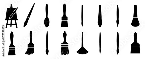 Silhouette set of artistic paintbrushes and easel icons for creative projects