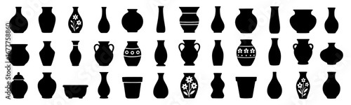 Black silhouette collection of vases and pots on white background