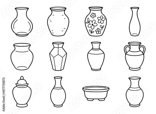 Line art vases collection: diverse shapes and floral patterns