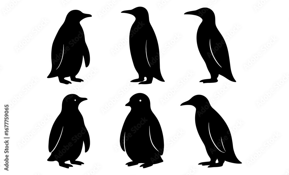 Fototapeta premium Penguin silhouette collection: minimalist black and white animal design set