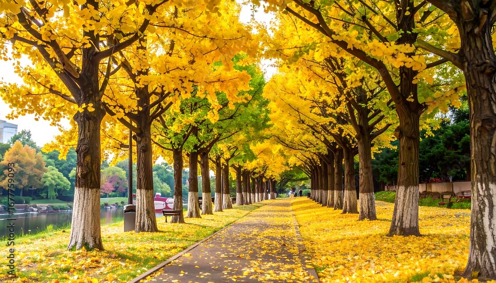 Fototapeta premium Golden autumnal trees lining a path