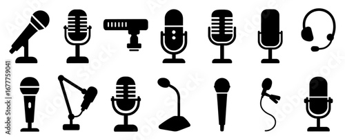 Silhouette set of various microphones and audio equipment icons for diverse audio needs