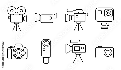 Linear camera and video equipment icons set