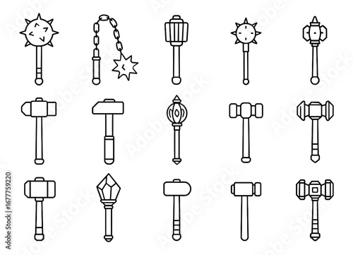 Collection of medieval weapon silhouettes featuring maces and hammers in minimalist design