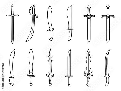 Collection of linear sword designs in various styles and shapes
