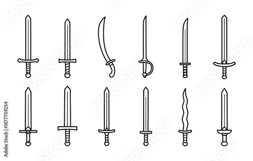 Diverse collection of iconic swords in clean linear style