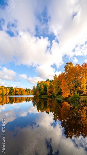 Autumn lake reflected in a calm sky