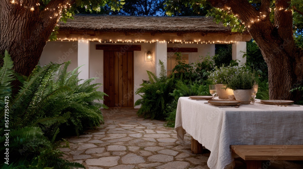 Fototapeta premium outdoor sukkah celebration, a glowing sukkah in a garden, adorned with fairy lights, set with festive dishes, visible family through the entrance, a cinematic scene
