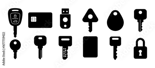 Silhouette set of keys and locks including usb, car, and digital key card