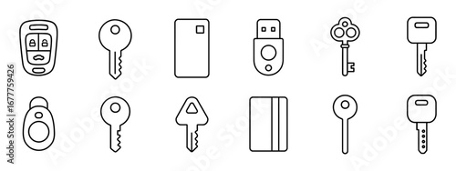 Minimalist outline icons of keys and security devices for design projects
