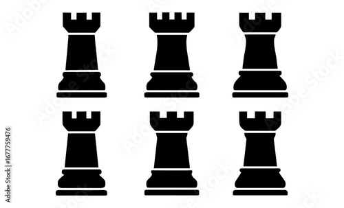 Silhouette set of chess rook pieces in black on white background