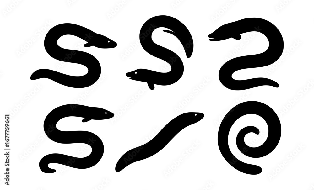 Naklejka premium Set of black snake silhouettes in various curved poses on white background