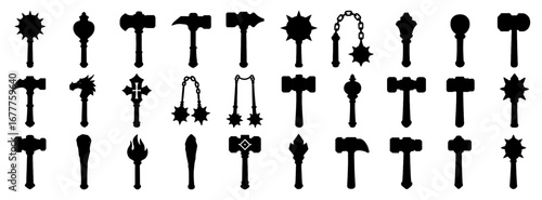 Collection of medieval weapon silhouettes with maces, hammers, and axes