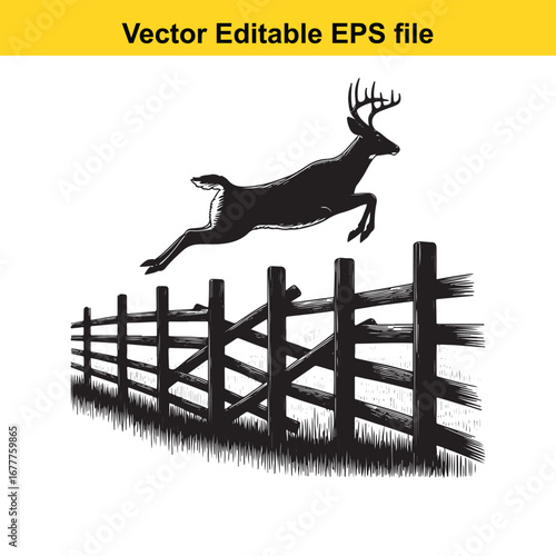 A whitetail deer jumping over a wooden fence, isolated on white background