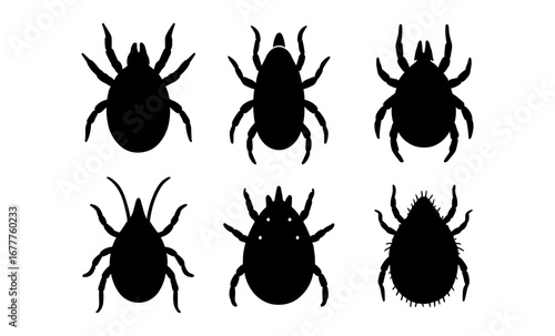 Silhouette collection of ticks and mites with distinctive features and shapes