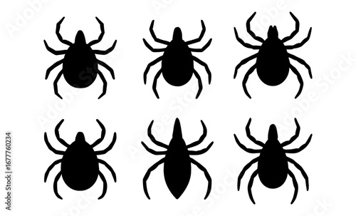 Silhouette collection of ticks in various poses on white background