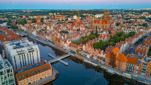 Sunrise aerial view of the city center of Gdansk, Poland