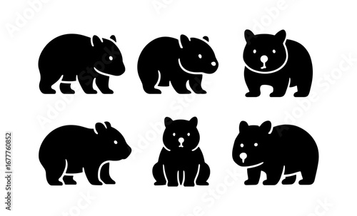 Set of wombat silhouettes: cute black animal icons on white background