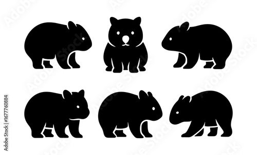 Silhouette wombat icons collection: minimalist black animal designs