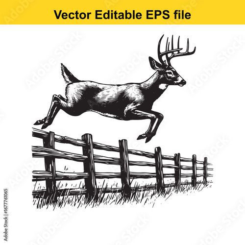 A whitetail a black and white illustration of a deer jumping over a wooden fence