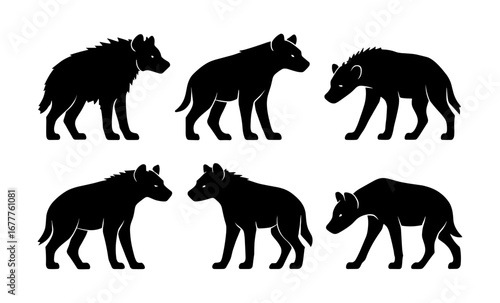 Silhouette set of hyena variations in black and white