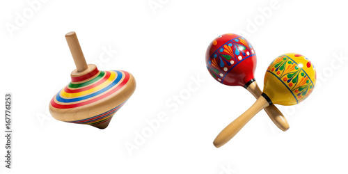 Wooden top spins, maracas are crossed on png background. Traditional toys, percussion instrument, folk music, childhood memories, cultural heritage.