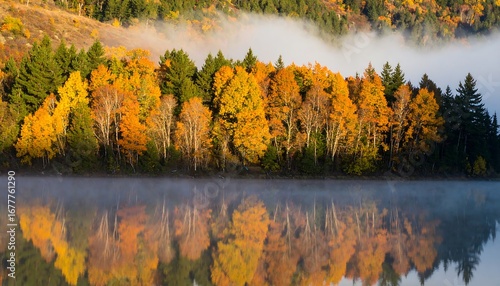 Autumn lake scene with mirrored trees