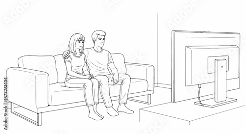 Couple watching tv together on couch, enjoying quiet evening at home. Watching tv while sitting close, showing affection.