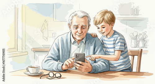 Grandfather with grandson using phone showing connection between generations on a table. Grandfather with grandson are interacting with mobile phone, pointing at display,
