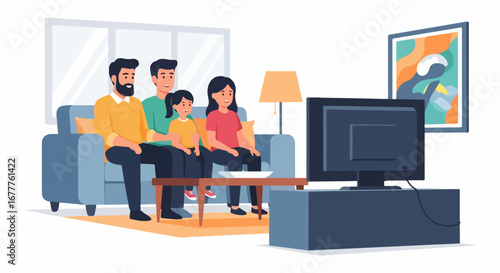 Family watching tv together on cozy sofa in modern living room, family watching tv at home for comfortable relaxation. Weekend leisure depicts family fun, with mom, dad, and children bonding.