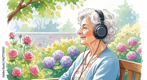 Senior woman listening with headphones in garden full of flowers. Senior woman sits relaxed in garden surrounded by colorful flowers, enjoying music through her headphones.